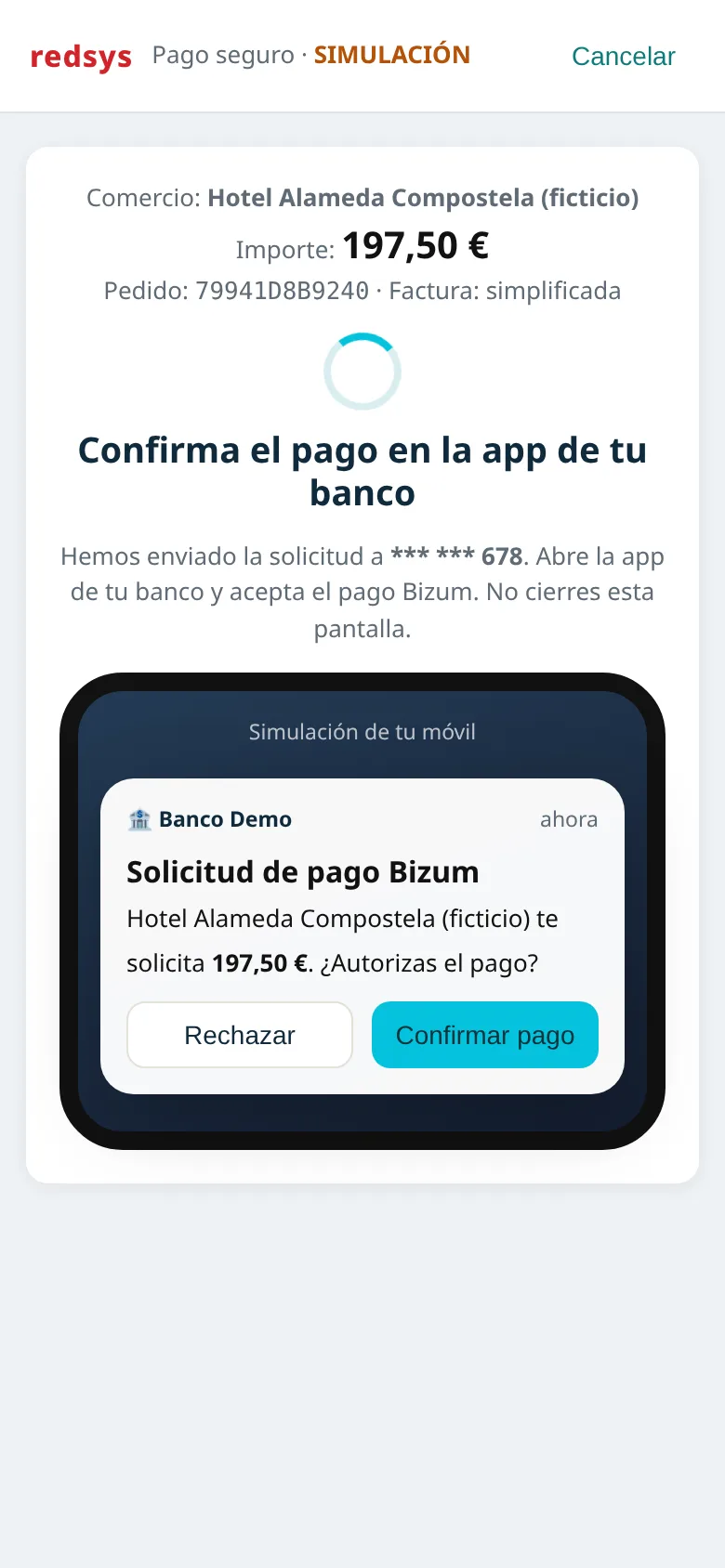 Paso de confirmación de Bizum